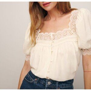 Reformation White Embroidered Lace Boho Wanda Top Short Puff Sleeve Buttons Sz M